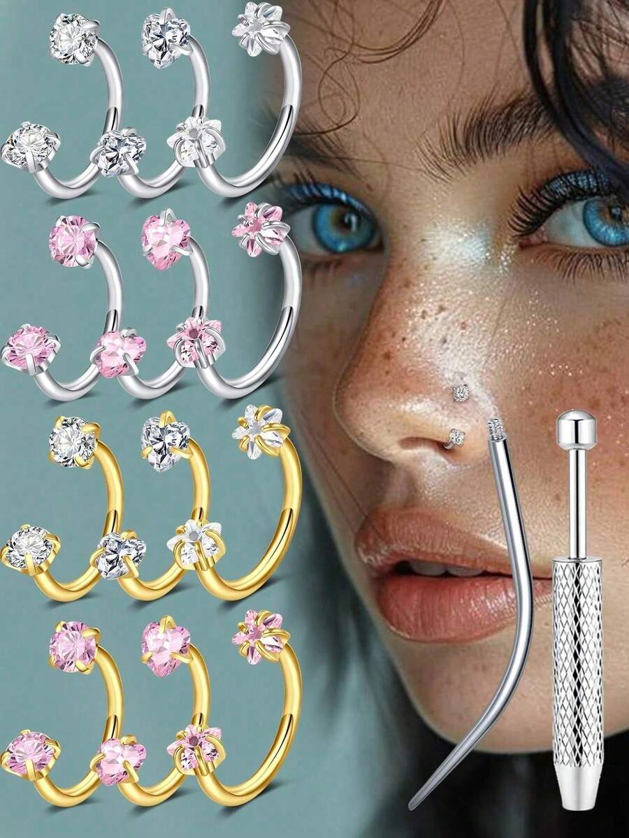 Bộ 4 khuyên mũi gồm [2 khuyên mũi + 1 dụng cụ nong lỗ xỏ + 1 dụng cụ gắp bi]. Khuyên mũi hình móng ngựa bằng thép không gỉ, đính đá Cubic Zirconia 3mm, dành cho nữ. Khuyên mũi cỡ 18G với các hình trái tim, ngôi sao và hình tròn. Thích hợp cho môi, lông mày, vành tai, hình móng ngựa, vách ngăn mũi và các vị trí xỏ khuyên khác. Đá Cubic Zirconia màu trắng và hồng. - Nhiều màu - Xem 1