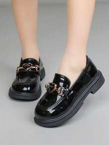 1 Pair Girls' Patent Leather Shoes, 2026 New Bowknot Thick Sole Loafers, Versatile Daily Casual School Princess Shoes - Black - View 3