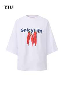 YIU 女士休闲针织短袖宽松辣椒印花舒适圆领常规版型T恤，新款春夏日常穿着 - 白色 - 查看 4