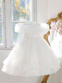 Váy nơ trễ vai lưới xếp nếp thanh lịch dành cho bé gái, thích hợp cho các buổi khiêu vũ ở trường, tiệc sinh nhật - trắng - Xem 3