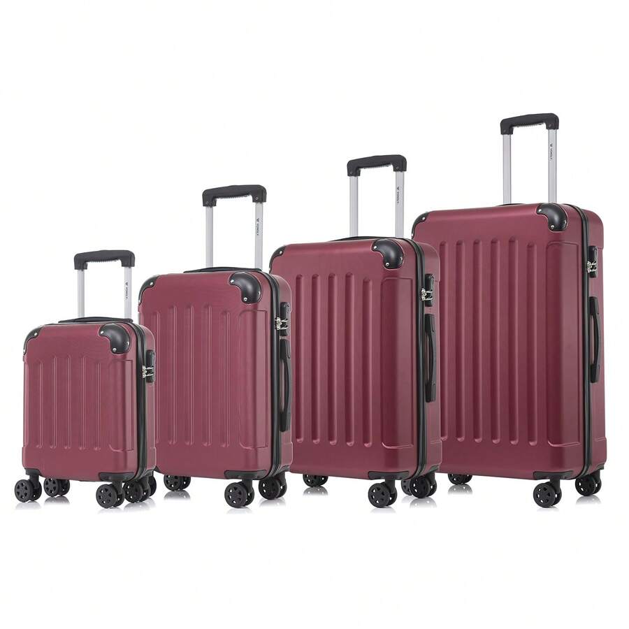 YONSLY 4‑Piece Suitcase Set 16/20/24/28 Inches With Wheels 360° Combination Lock Double Zipper Mesh Pocket Soft Rubber Handle For Vacations And Family - 酒紅色 - 查看 1