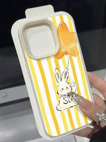 1个柔软可爱黄色条纹星星兔子图案荔枝纹理防摔防滑软手机壳，适用于苹果手机 - 彩色 - 查看 2