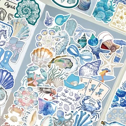 50pcs Cartoon Blue Coastal Girl Doodle Stickers, Decorative For Guitar, Notebook, Luggage DIY Scrapbook Supplies Scrapbooking