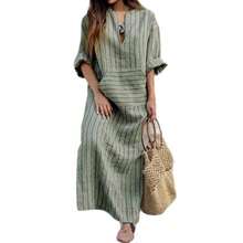 Popular European And American New Cotton Linen Striped Loose Fit Dress Women Summer Casual Vacation Beach Mini Dress 2024 New Arrival - Sọc xanh - Xem 6