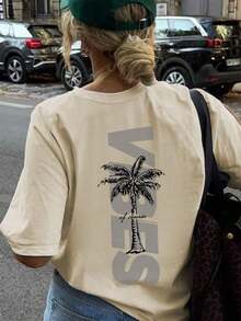 Women's Minimalist Coconut Tree Slogan Print Casual Round Neck Short Sleeve T-Shirt, Simple & Versatile, Suitable For Daily & Holiday Wear.Graphic Tee, Women, White, Black, Pink Summer VacationCasual Daily Wear, Pefert For Summer Vacation Outfits - 杏色 - 查看 6