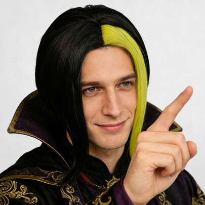 Wizard Cosplay Wig Black & Neon Yellow Streak Split Color Wig – Short Layered Straight Style, Asymmetric Middle Part Heat Resistant Synthetic Hairpiece For Men & Women, Perfect For Holiday, Costume Events, Streetwear, Festival Or Photo Shoot