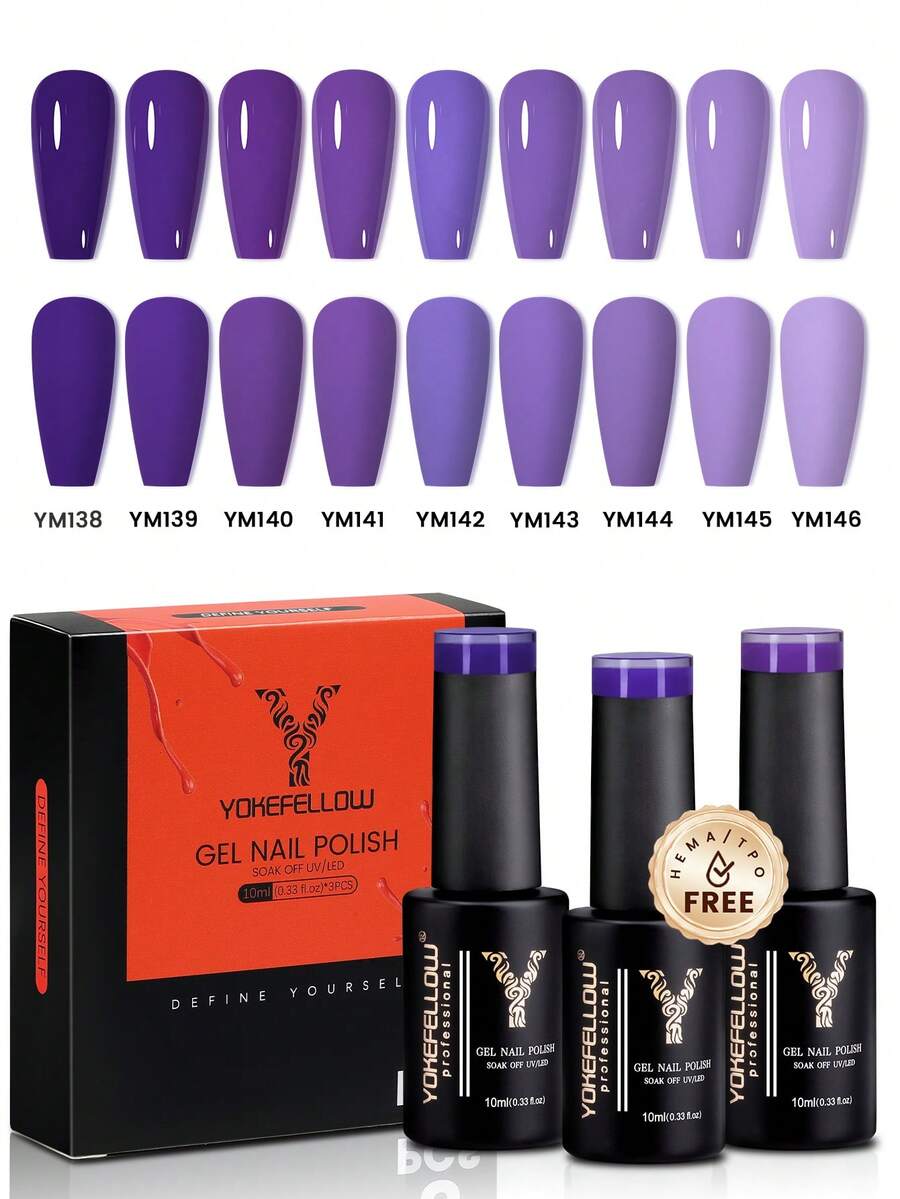 YOKEFELLOW 3瓶紫色凝胶指甲油套装，梦幻紫色半永久凝胶指甲油，柔和芋紫色甜美氛围，可卸除UV/LED灯，适用于美甲DIY、家庭沙龙及礼品