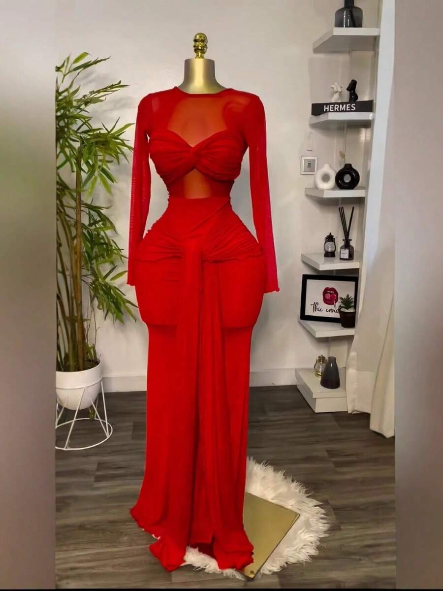 Women's Clothing 2026 Early Spring New Solid Color Long-Sleeved Round-Neck Chest Wrap Tight Temperament Long Dress - 紅色 - 查看 1