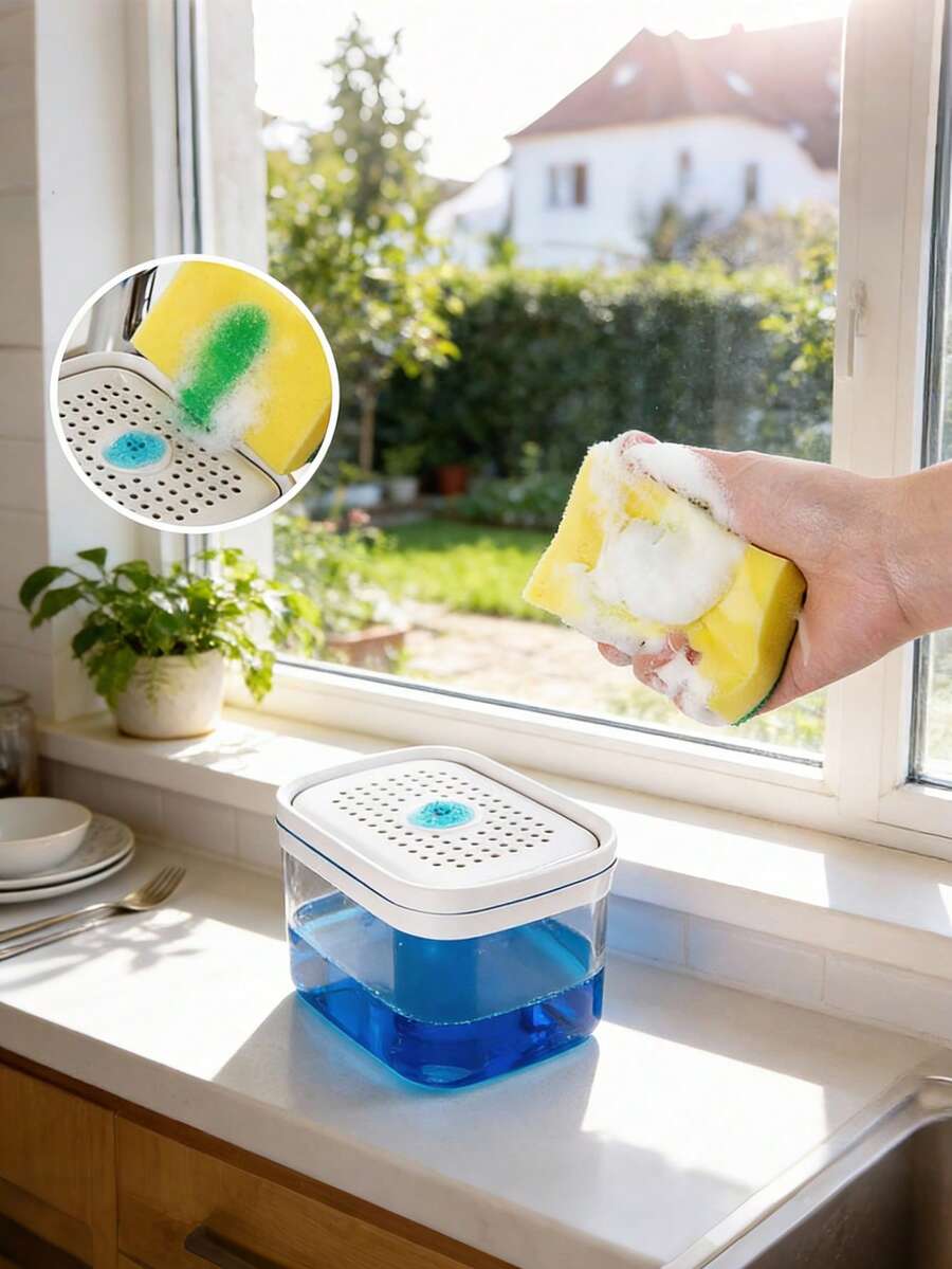 厨房皂液器，带海绵架的厨房洗洁精皂液器，按压式皂液器，附赠洗碗海绵，塑料洗洁精挤压容器，厨房洗洁精分配器，厨房水槽配件，高效清洁工具，清洁海绵，洗碗海绵，海绵擦洗器