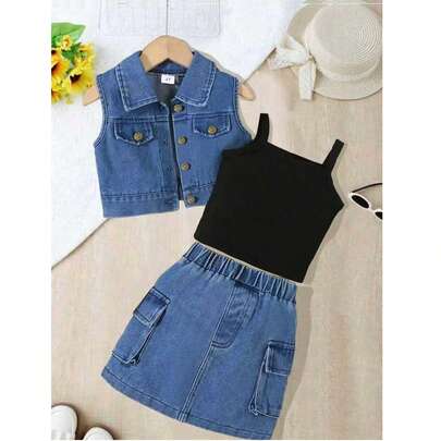 Young Girl Spring/Summer Washed Denim Vest Jacket With Pockets And Knitted Black Ribbed Tank Top, Skirt Three-Piece Set