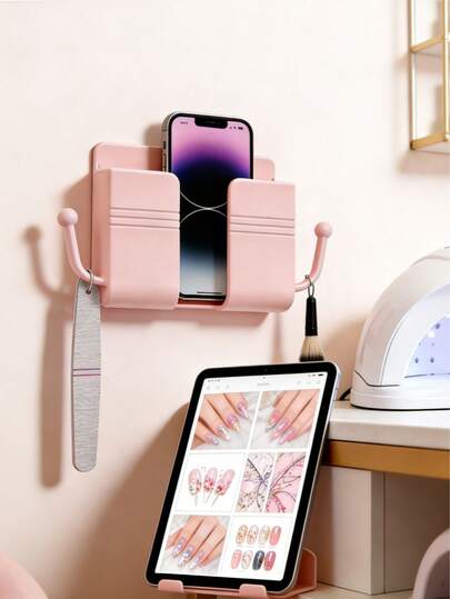 Soporte de pared para teléfono rosa lindo, montaje autoadhesivo sin perforación, soporte de manos libres para dormitorio, escritorio, baño, esencial ahorrador de espacio, regalo ideal para chicas