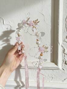 1pc 3D Flower & Pearl Headband, Bridesmaid Headpiece, Suitable For All Seasons - Multicolor - View 3