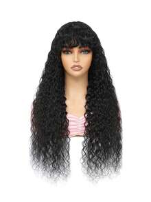 Water Wave Human Hair Wig With Bangs Machine Made Wigs Virgin Brazilian Hair Curly Wig Wear And Go Glueless Wig For Women 180% Density - Natural Black - View 5