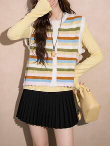 Alicedudu Women's Autumn Casual Cute Colorful Striped Ribbed Front Button Vacation Beach Knit Cardigan Vest - Multicolor - View 2