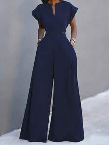 Women's New Solid Color Cutout Pocket Wide Leg Jumpsuit, Suitable For Daily, Office, Vacation In Spring & Summer - Recommend Sizing Up One Size For Slim Fit - Navy Blue - View 8