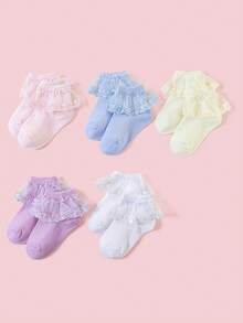 5 pares de calcetines cortos de estilo princesa con adorno de encaje de colores caramelo para niñas, con bordado de encaje de malla transpirable, moda, suaves y cómodos, adecuados para uso casual, al aire libre, actuaciones de baile, vacaciones, vuelta al colegio, bodas, primavera/verano - Multicolor - Ver 2