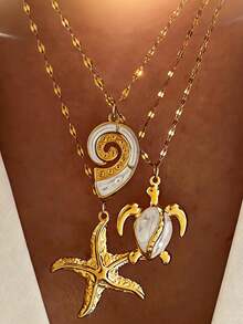 Znice 2026 New 18K Gold Plated Stainless Steel Ocean Series Starfish, Turtle, Shell Enamel Pendant Necklace, Suitable For Layering, Single Wear, Beach Vacation, Mother's Day Gift, Valentine's Day Gift, Durable Jewelry, Waterproof And Fade-Resistant - Gold - View 5