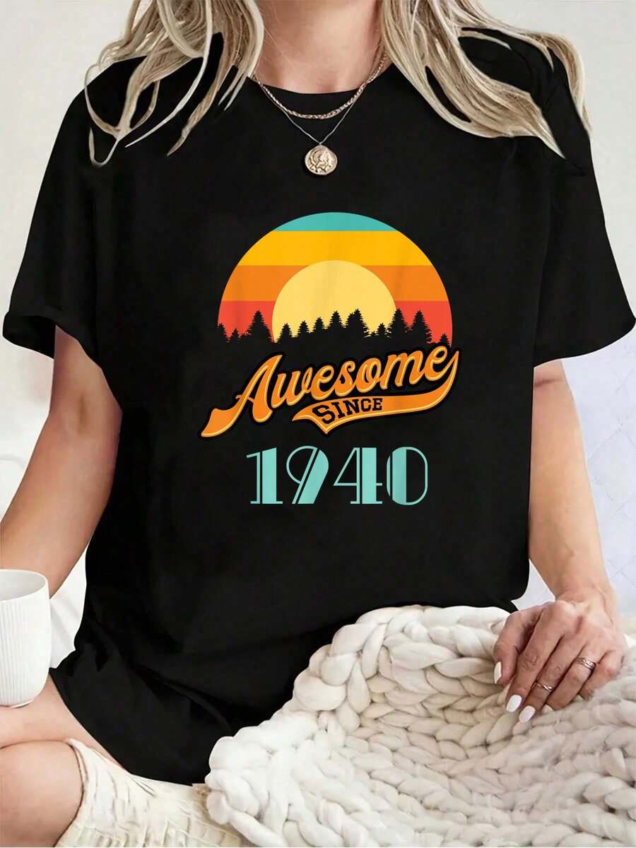 100% Algodón Unisex Genial desde 1940 - Camiseta de Regalo para Año de Nacimiento y Cumpleaños - Camisetas Gráficas 100% Algodón para Hombre, Tops de Verano - Negro - Ver 1