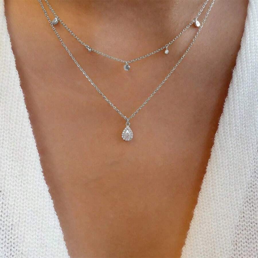 1pc Women's Crystal Teardrop Double-Layer Necklace, Suitable For Daily Wear - Silver - View 1