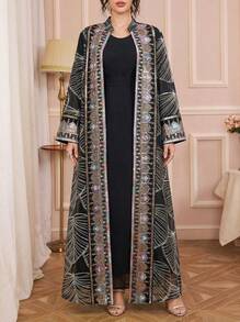 Solessence Muslim Arab Female Two Pieces Set Mesh Sequin Tape Diamonds Full Sleeve With Belt Clothing Abaya Women Dubai Long Dress - Black - View 1