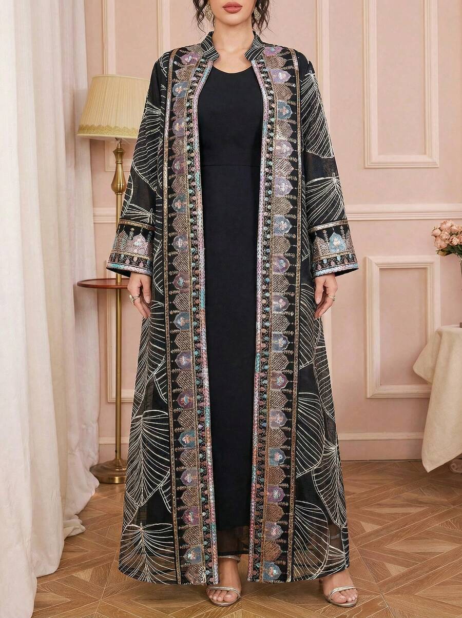 Solessence Muslim Arab Female Two Pieces Set Mesh Sequin Tape Diamonds Full Sleeve With Belt Clothing Abaya Women Dubai Long Dress - Black - View 1