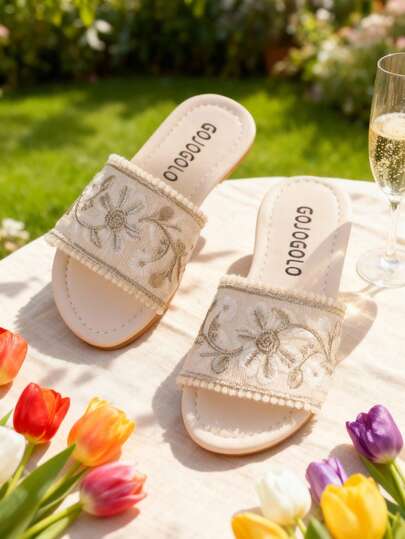 1 Pair Women/Girls' Slip-On Sandals, Beige Upper With Brown & Gold Floral Embroidery And Tassel Trim, Leather Material Soft Flat, Open Toe Style, Elegant Design Suitable For Summer Casual, Vacation, Garden Party