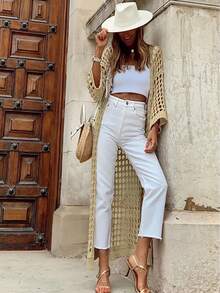 大码女式纯色镂空钩编罩衫，优雅休闲长袖开襟轻薄披肩防晒外套，适合春夏穿着，大码 - 卡其色 - 查看 4