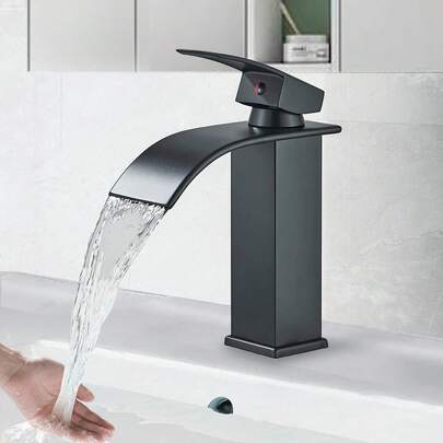Waterfall Basin Faucet, Stainless Steel, Single Handle Basin Faucet, Waterfall Single Hole Basin Faucet, Suitable For Bathroom Basin, Hot And Cold Water, Modern Bathroom Faucet, Stainless Steel Material, Sturdy , Anti-Rust And Corrosion-Resistant, Easy To Install (Black Short Style)