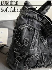 Large Capacity Casual Tote Bag, With Letter Patchwork, Embroidery Thread, Tassel, Multiple Carrying Options, Perfect For Women For Daily Commuting Or Holding Books School Bag, Back To School Backpack, Portable, Lightweight, Large Capacity, Classic Casual, Suitable For Teen Girls Y2k Bag, 2000s Fashion Style, Gothic Punk Bag For Women - 黑色 - 查看 9