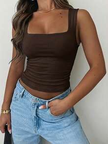 Vaiaye 女士纯色方领修身休闲吊带背心，简约复古纯色背心，夏季时尚露背针织吊带背心，休闲百搭，适合工作通勤 - 棕色 - 查看 11