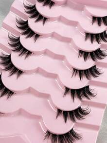 7 Pairs Natural Look Half-Lash False Eyelashes, Fluffy Soft Cat Eye Style, Thin Black Lash Strips, Eyelash Extensions - Black - View 6