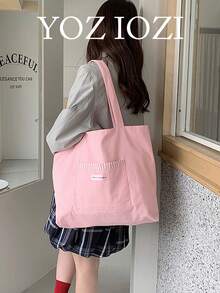 Back To School Early Spring Korean Minimalist Striped Reversible Fashion Student Commute Casual Tote Bag - Pink - View 1