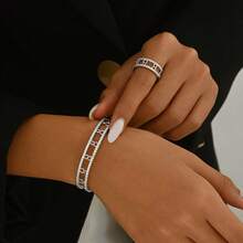 2 Pieces New Women's Simple 8-Character Hollow Zirconia Fashion Bracelet Ring Set - Silver - View 3