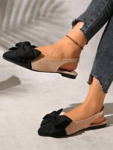 Sandal đế bằng nữ, thiết kế nơ xinh xắn, đa năng cho mùa hè, kiểu dáng thanh lịch Pháp với mũi nhọn, phối màu độc đáo, thích hợp cho tiệc tùng và kỳ nghỉ biển, món đồ thiết yếu cho mùa xuân/hè. - màu đen - Xem 2