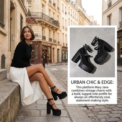 Summer New High Heel Black 2026 Mary Jane Pumps, One-Strap Thick Heel Platform Round Toe Ankle Strap Sexy Nightclub Style, Plus Size, Lightweight & Comfortable