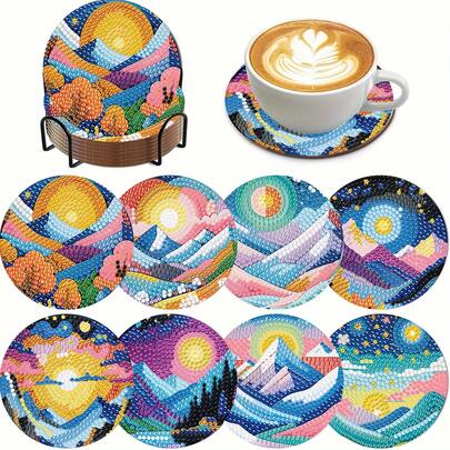 8pcs Sun Diamond Painting Coaster Set, Round Bright Diamond Surface, Sturdy Adhesive With Full Tools, Easy For Beginners, Stress Relief Handcraft, New Year, Valentine's Day, Christmas, Teacher's Day Gift, Home Decor Coasters For Family, Friends, Girlfriend, Teacher