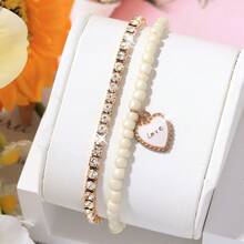 3pcs Fashionable, Simple And Versatile Women's Quartz Watch, Round Dial, Casual And Versatile, Paired With Diamond Studded Heart-Shaped Jewelry Bracelet Set, Suitable For Holidays And Daily Wear - White - View 7