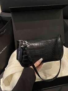 Crocodile Embossed Korean Style Women's Handbag, New Fashion Shoulder Bag, Minimalist Crescent Shaped Tote Bag For Women, Commuting , Green - 黑色 - 查看 2