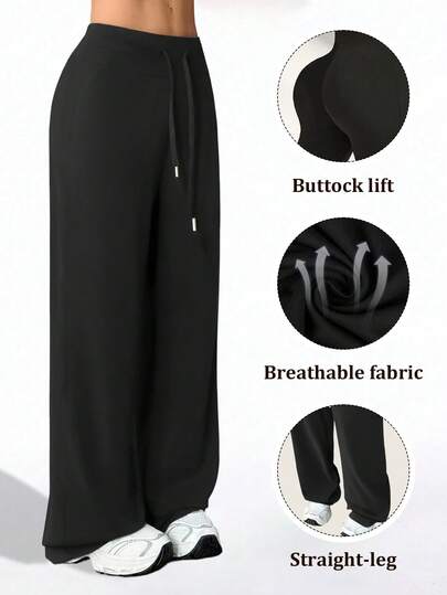 1pc Women's High Waist Wide Leg Pants - Elegant Black Drawstring Straight Leg Pants, Elastic Wide Leg Pants With Drawstring Design, Versatile For Daily Office Casual Wear, Commuting Style Solid Color Minimalist Draping High Waist Wide Leg Pants, Vintage Loose Casual Pants For All Seasons, Fashionable Versatile Trousers Suitable For Office, Business Casual, Formal Occasions And Outdoor Daily Wear Spring