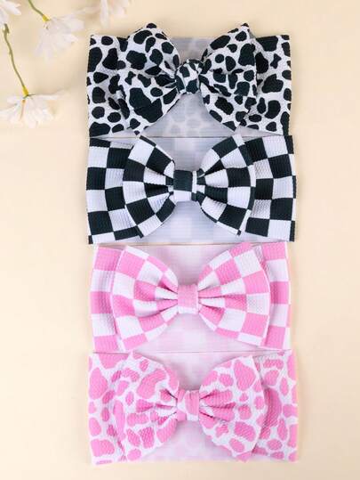 1pc/3pcs/4pcs Checkerboard Bow Baby Headband Pink And White Plaid And Cow Pattern Hairband For Toddler Girls Infant Newborn Adorable Hair Bow Elastic Band Racing Bow Hair Band Elastic Turban Kids Baby Hair Accessories