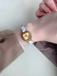 1 件全新简约小巧方形表盘女士石英表，金色表盘搭配黑色表带，适合送礼/派对/搭配 - 棕色 - 查看 6