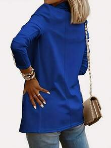 Women's Open Front Lapel Collar Blazer With Decorative Cuff Buttons - Blue - View 3