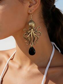 1 Pair Vintage Punk Chic Distressed Bronze Tone Alloy Octopus Shape Water Drop Faux Black Agate Gemstone Earrings, Personalized Jewelry For Holiday Party And Street Style - Multicolor - View 1