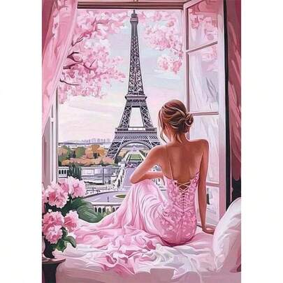 1件套DIY窗边女孩与埃菲尔铁塔图案5D钻石画套装，[30*40厘米/11.8*15.7英寸] [40*50厘米/15.7*19.7英寸]，适合成人初学者DIY马赛克钻石画，全钻手工爱好，客厅、卧室、办公室墙面装饰，送给家人和朋友的惊喜礼物，无框