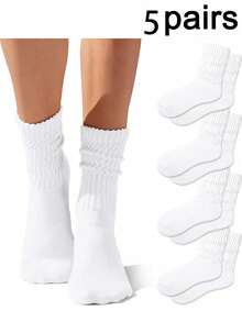 1/5 双装 女士船袜，加厚运动袜，复古中筒袜，罗纹中筒袜 - 彩色 - 查看 1