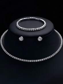 4pcs Set: Women's Full Rhinestone Necklace, 1 Pair Transparent Diamond Earrings, 1 Diamond Tennis Bracelet, Fashionable And Versatile Formal Occasion Accessories - Silver - View 1