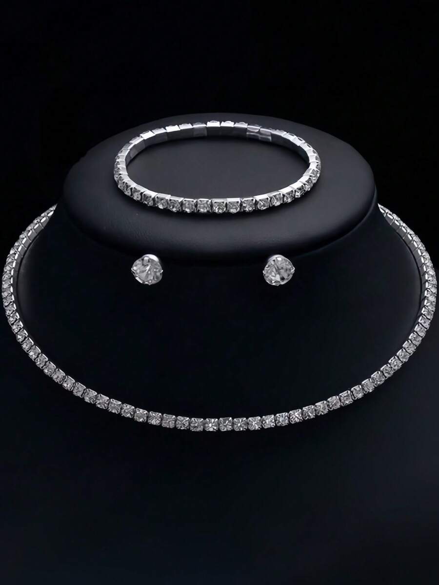 4pcs Set: Women's Full Rhinestone Necklace, 1 Pair Transparent Diamond Earrings, 1 Diamond Tennis Bracelet, Fashionable And Versatile Formal Occasion Accessories - Silver - View 1