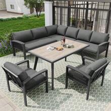 Garden Set, Furniture For 8 People, Rope Frame, Large Wood-Look Table, Galvanized Iron Frame, Adjustable Feet, Seat And Back Cushions Included, Grey - C - View 1