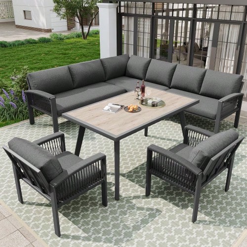 Garden Set, Furniture For 8 People, Rope Frame, Large Wood-Look Table, Galvanized Iron Frame, Adjustable Feet, Seat And Back Cushions Included, Grey - C - View 1