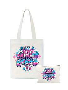 帆布手提袋，印有“Just A K-Pop Lover Girl”字样，大容量K-Pop粉丝单肩包，粉丝周边礼品，通勤购物袋，可折叠休闲杂货袋，适合音乐爱好者，适用于旅行、演唱会、粉丝活动、派对、工作、日常使用，粉丝礼物，韩剧粉丝的理想生日礼物，大学生，偶像周边，节日礼物，演唱会礼物 - 彩色 - 查看 14